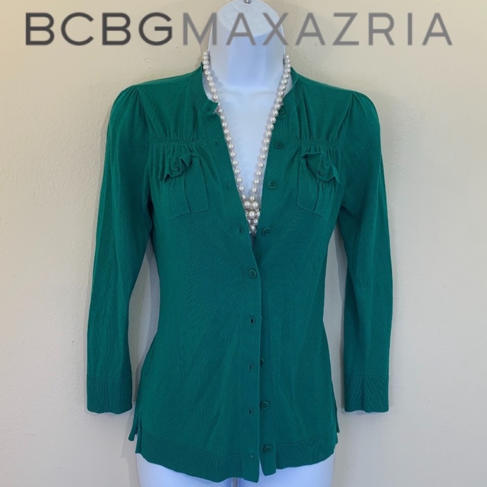 BCBG MAXAZRIA Kelly Green Button Cardigan Sweater Military Pocket S Silk Y2K